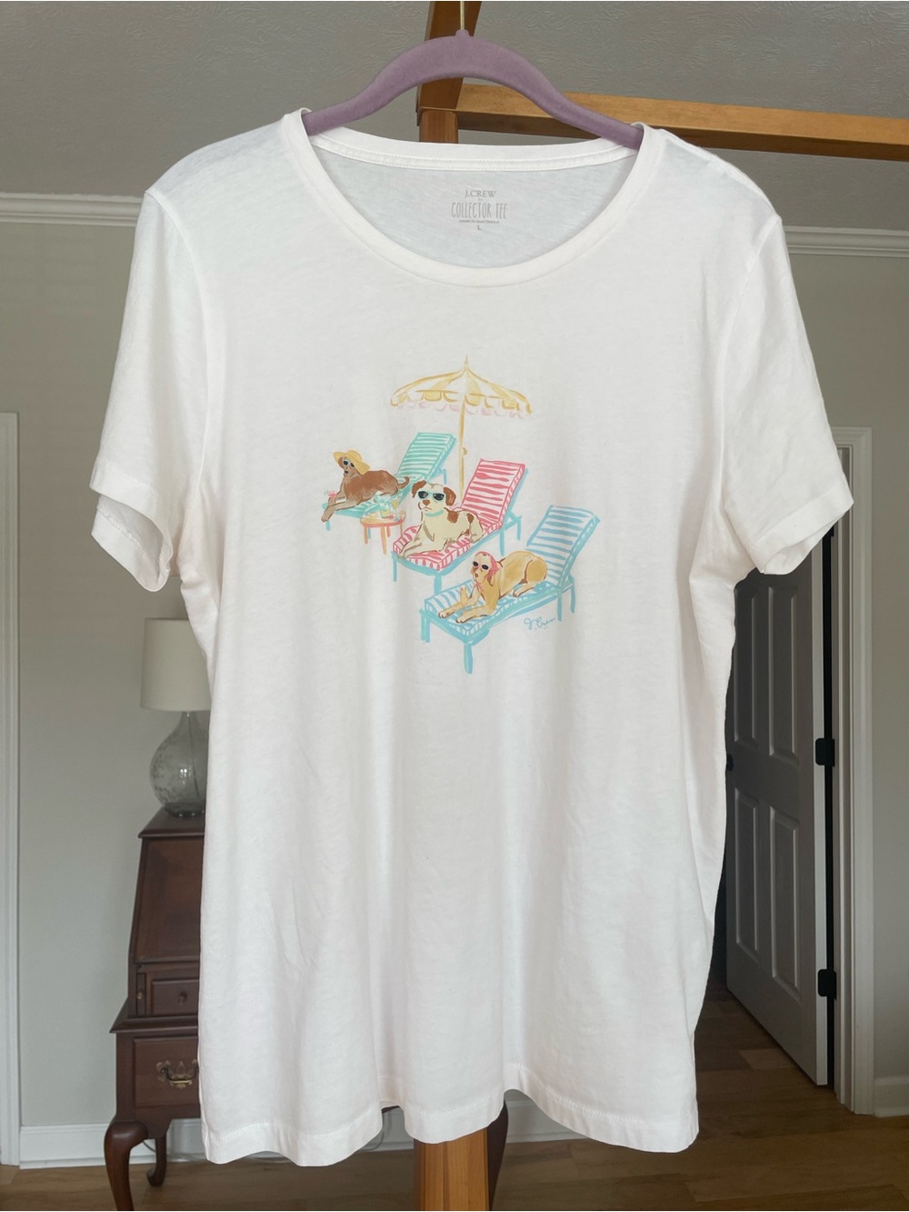 J. Crew Factory White Short Sleeve Tee with Pastel Beach Dog Graphic